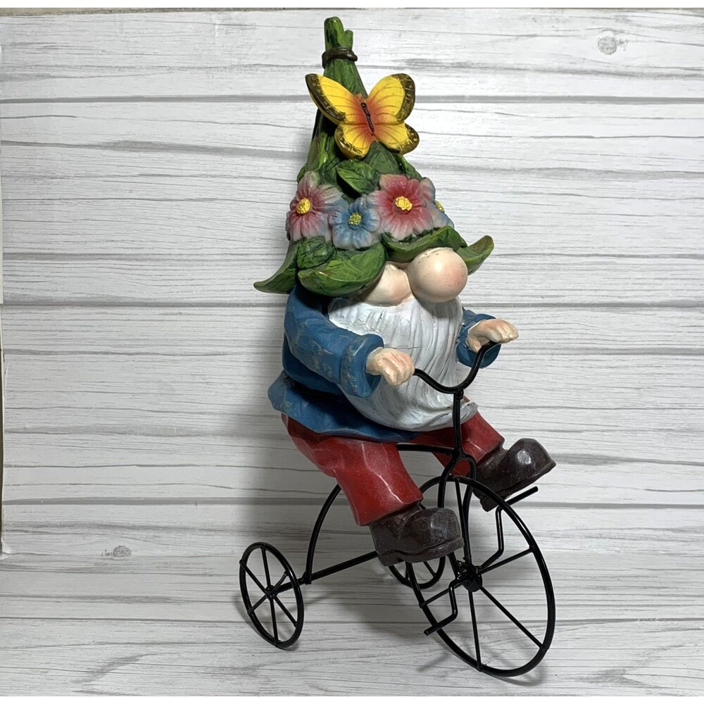 Garden Gnome On Bicycle Statue Lawn Ornament Figurine ~13.5 inches EUC